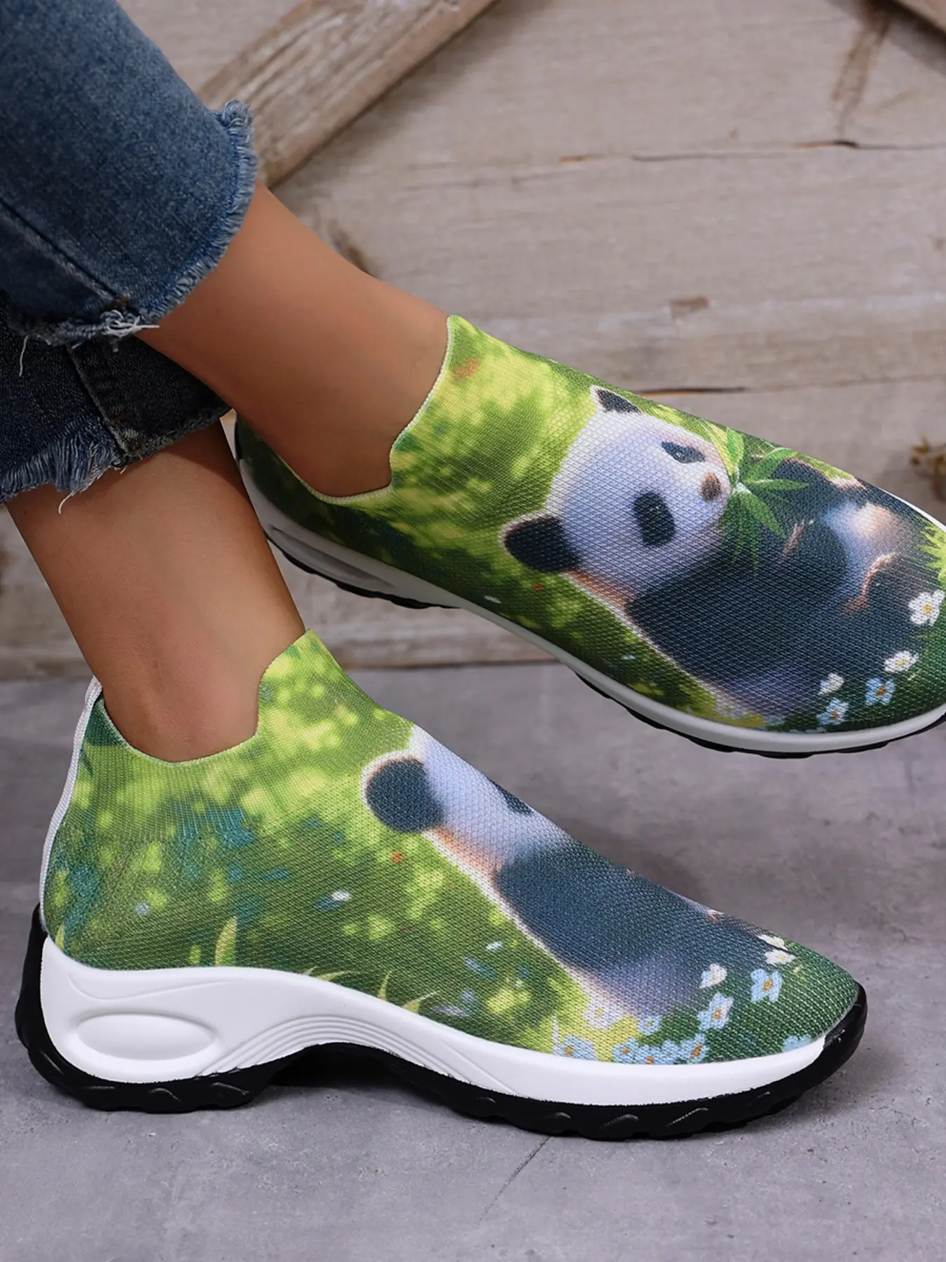 Trendy Air Cushion Thick Sole Flyknit Shoes, Versatile Panda Theme Slip-On Sneakers, Comfortable and Stylish Footwear for Everyday Wear