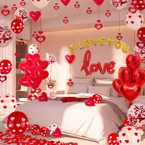 (Total pcs 1160) 110PCS Valentine's Day Balloon & Rose Petal Set – 1000 Silk Rose Petals, 50 Heart Balloons, Hanging & Printed Balloons – Romantic Party, Wedding, Birthday & Holiday Decorations