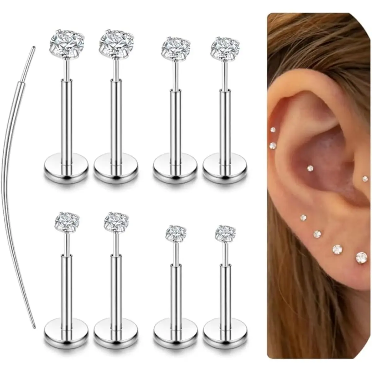 Silver Tone-16G-2/2.5/3/4mm CZ