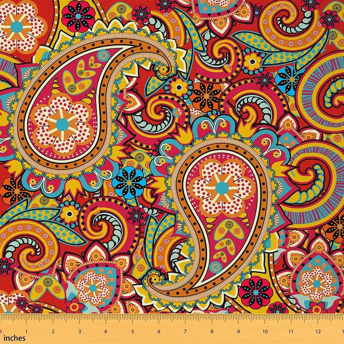 Paisley Fabric,Colorful Boho Paisley Floral Upholstery Fabric Chairs Sofa Couch,Bohemian Outdoor Fabric Waterproof,Indian Style Decorative Fabric,,Red Orange