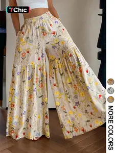 Women's Summer Floral High Waist Long Pants, Casual Style Loose-Fitting Trousers for All Seasons, Essential for Leisure Activities