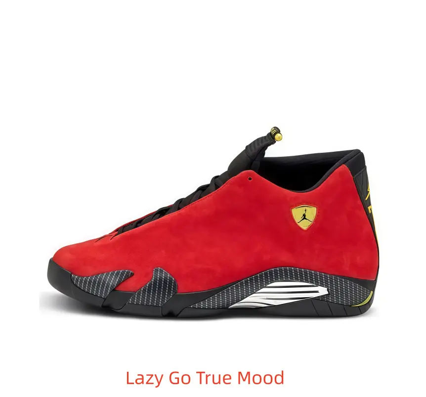 Bright scarlet mid-top collectible sneakers, full soft suede upper with yellow shield side emblem