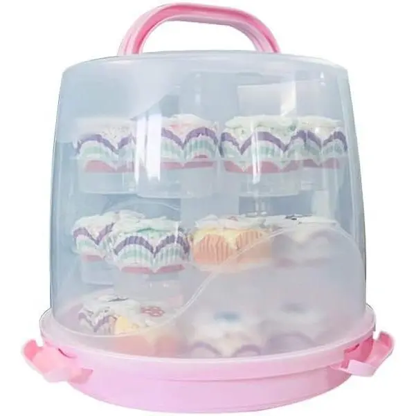 3-Layer Corrosion-Resistant 24-Count Cupcake Carrier Box Holder, 28.5*25cm Bakeware Dome Container with Locking Lid & Handle, Portable Keeper for Baby Shower, Birthday Cookies, Pies, Muffins (22cm Top Diameter), Cake Cup