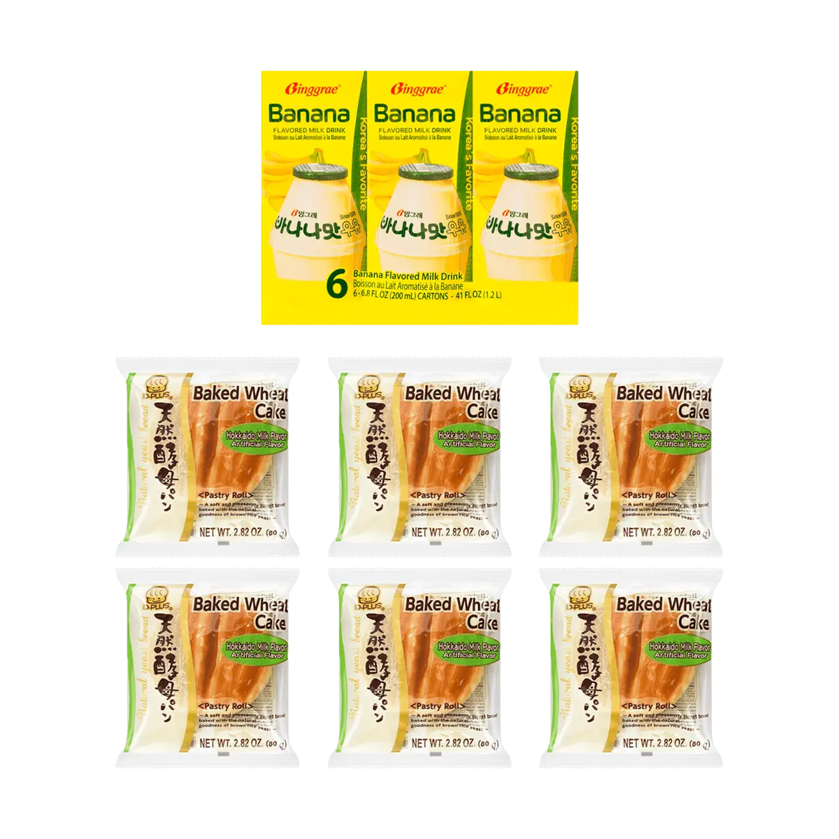 D-PLUS Japanese Natural Yeast Bread Hokkaido Milk Flavor 6pcs + Binggrae Korean Banana Milk 6 Boxes - Fresh Breakfast Combo Pack