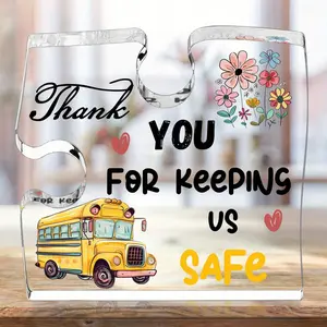 School Bus Design Acrylic Photo Plaque, Creative Puzzle Shaped Acrylic Ornament, Desktop Decor Gift for Bus Driver, Thank You Gift for Teacher, Acrylic Desktop Decoration