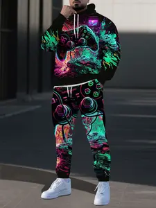 New Colorful Gaming Full Body Digital Print Hoodie Set, Casual Long Sleeve Hooded Sweatshirt + Leisure Pants 2 Piece Set, Unisex Couple Wear