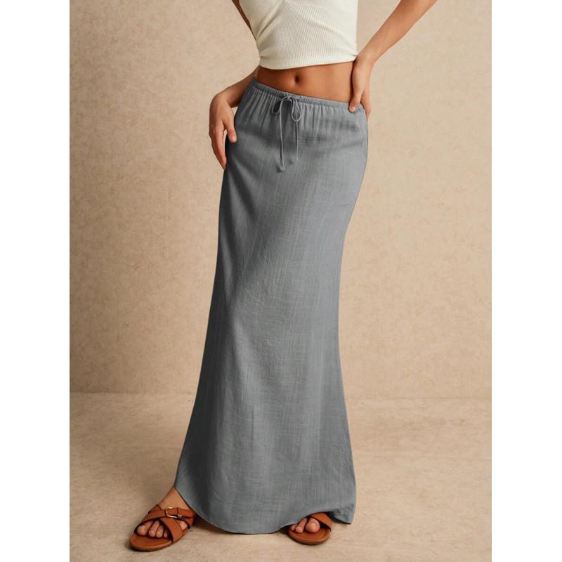 LYD- Women's White Maxi Skirt - Minimalist Drawstring Linen Fabric, Regular Fit, Casual Style, All Seasons Bottoms for Home Wear -LYD sport summer smash women leopard vertical bell