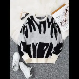 NewUnisex High-Quality Soft Pullover Sweater, Autumn Winter Round Neck Letter Patchwork Print Knitwear, Casual Fitted Style