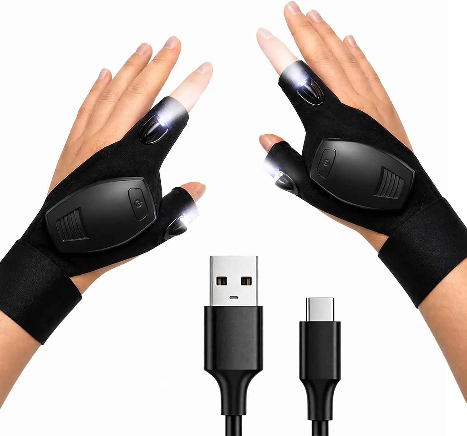 Unisex Polyester LED Finger Flashlight Gloves - One Size, Adjustable Strap, Flexible Fit, Hands-Free Lights for Hiking, Fishing, Outdoor Tasks, Car Repair