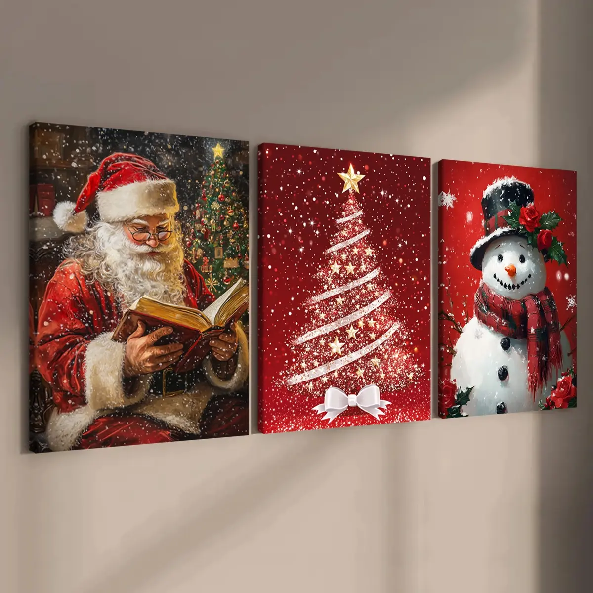 Santa Claus Reads, Christmas Tree, Christmas Snowman, Christmas Decoration Poster, Party Mural, 3 Counts Modern Art Wall Decoration, Home Decoration Poster, Office, Living Room, Bedroom Wall Decor, Ideal Gift, Waterproof Art