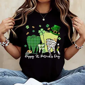 St Patrick's Day Tooth Pattern And Text Print T Shirt White Crew Neck Casual Tee For St Patrick's Day Celebration