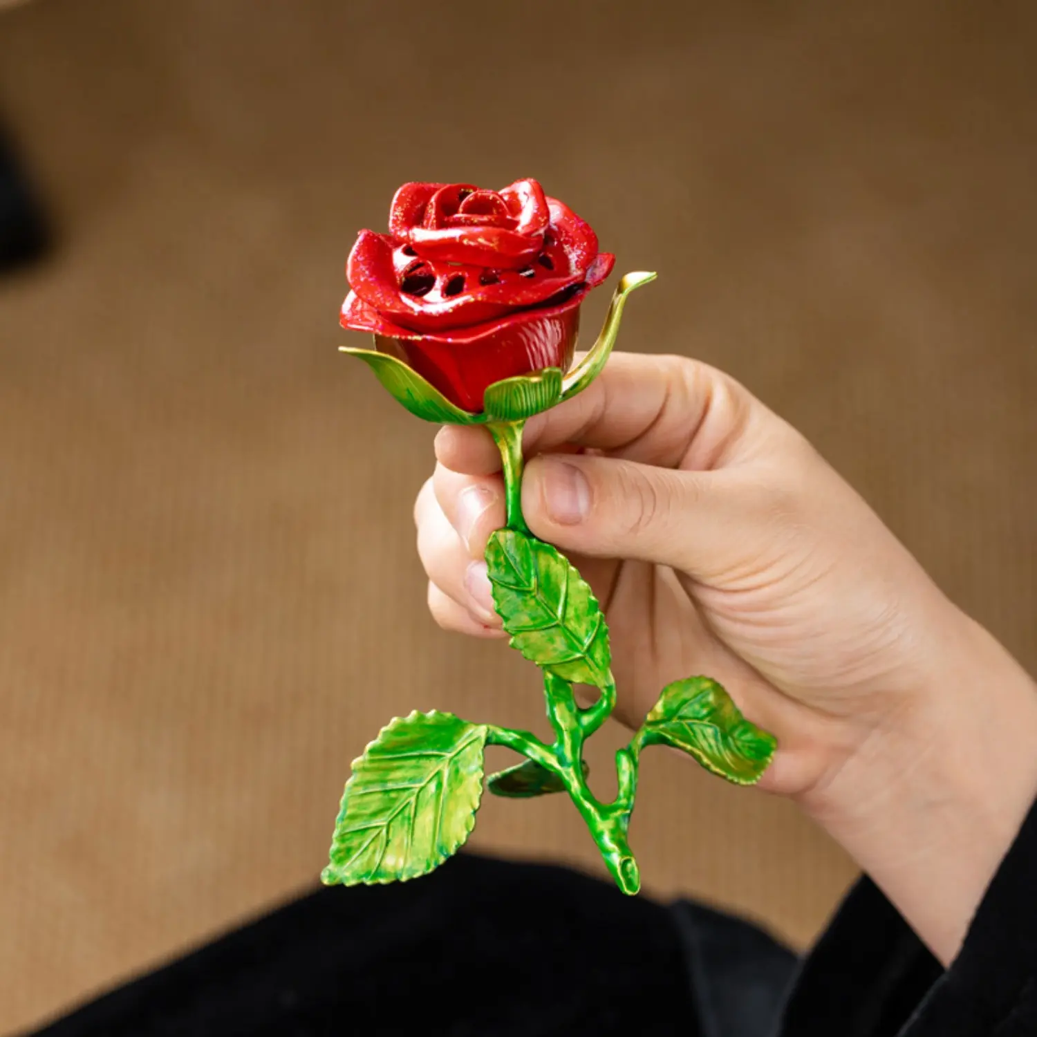 Rose Pattern Alloy Incense Burner, Small Travel Size Fragrance Diffuser for Outdoors and Camping - Unisex Valentine Gift, Handmade, Patterned, No, Scented