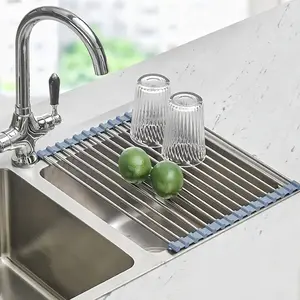 Roll Up Sink Dish Rack, Multifunctional Stainless Steel Drying Mat for Kitchen Counter, Space-Saving Drainer and Storage Solution for Small Spaces