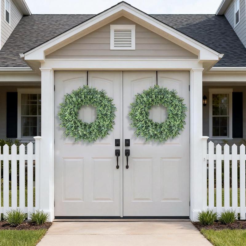 32'' Large Boxwood Wreath for Front Door, Porch, Window- Artificial Boxwood Leaves Greenery Outdoor Wreath for Home, Farmhouse Wall Decor- Spring, Summer, Fall, All Seasons (Green)