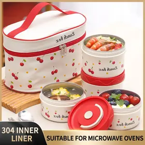 Cherry Pattern Set, 1 Set Including Lunch Box & Insulated Bag & Spoon & Chopsticks, Leakproof Insulated Lunchbox, Portable Lunch Container for Home Office School