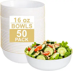 I00000 50 Pack White Plastic Bowls with Gold Rim,16 oz Disposable Soup Bowls,Premium Heavy Plastic Serving Bowls Ideal for Wedding & Party