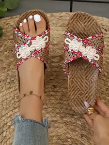 Women's Summer Home Woven Straw Flip Flops, Indoor Linen Slippers, Non-Slip Breathable Textile Shoes, Casual Low-Top Footwear