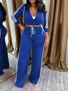 Women's Fitted Striped Sporty Sweatshirt & Long Pants Set, Comfortable Fashion Casual for Spring & Fall, Athletic Activewear Tracksuits