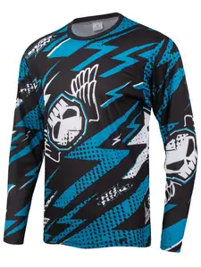 Men's Off-Road Motorcycle Riding Suit, Athletic Techwear, Blue Lightning Skull Print Long Sleeve Knit Fabric, Ideal for Downhill Cycling