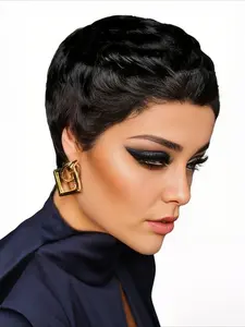 6 Inch Short Straight Pixie Cut Human Hair Wig with Bangs,Full Machine Crafted,Natural Hue Silky Texture,Lightweight Fit for Women,Perfect for Casual Daily and Elegant Occasion Styling