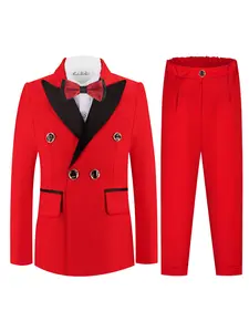 Boys Contrast Lapel Double-Breasted 3-Piece Suit Set, Outfit, Blazer + Elastic Waist Pants + Bow Tie, Red/White Available, Non-Restrictive, Perfect for Weddings, Ring Bearer, Birthdays, Performances & All Formal Occasions (No Shirt Included)-XT8813