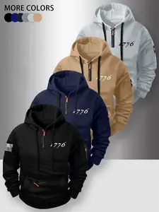 Men's Pocket Zipper Sweatshirt, Fall & Winter Design, American Flag 1776 Four-Piece Set, Casual Fashion Loose Comfortable Hoodie