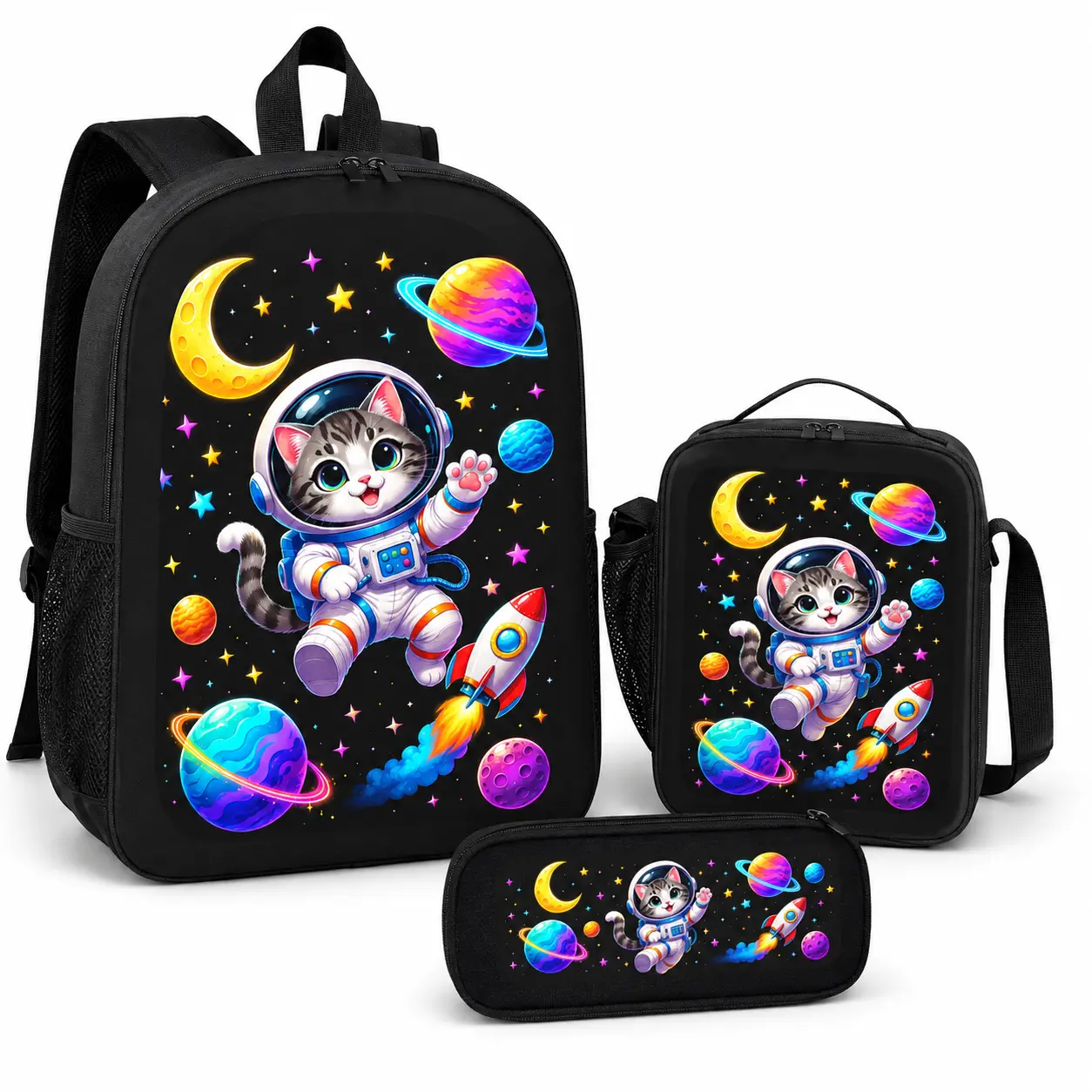 3 Piece Astronaut Cat Backpack Set for Kids, 17 Inch School Bookbag with Insulated Lunch Bag and Pencil Case, 600D Oxford Large Capacity Laptop Backpack with Padded Straps for Boys Girls Teens, Back to School Travel Gift