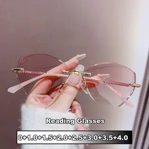 Unisex Luxury Diamond Reading Glasses Men Women Stylish Far Sight Prescription Glasses Trendy Rimless Hyperopia Eyeglasses