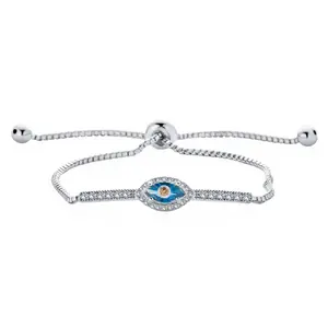 Spiritual Protection Pave CZ Cubic Zirconia Blue Evil Eye Charm Bolo Bracelet Silver Plated