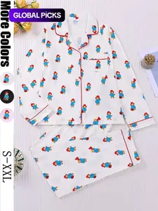 Cute Teddy Bear Print Women's Sleepwear Set, Long Sleeve Button Front Top and Loose Elastic Pants, Casual All-Season Loungewear, Matching Pajamas, Pajama Set, Pjs