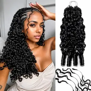 Human Crochet Hair for Black Women Burmese Curly Human Hair Crochet Bundles 50g Pre-Separated Feather Crochet Human Hair Wet and Wavy Invisible Miracle Knots Hair Natural Black