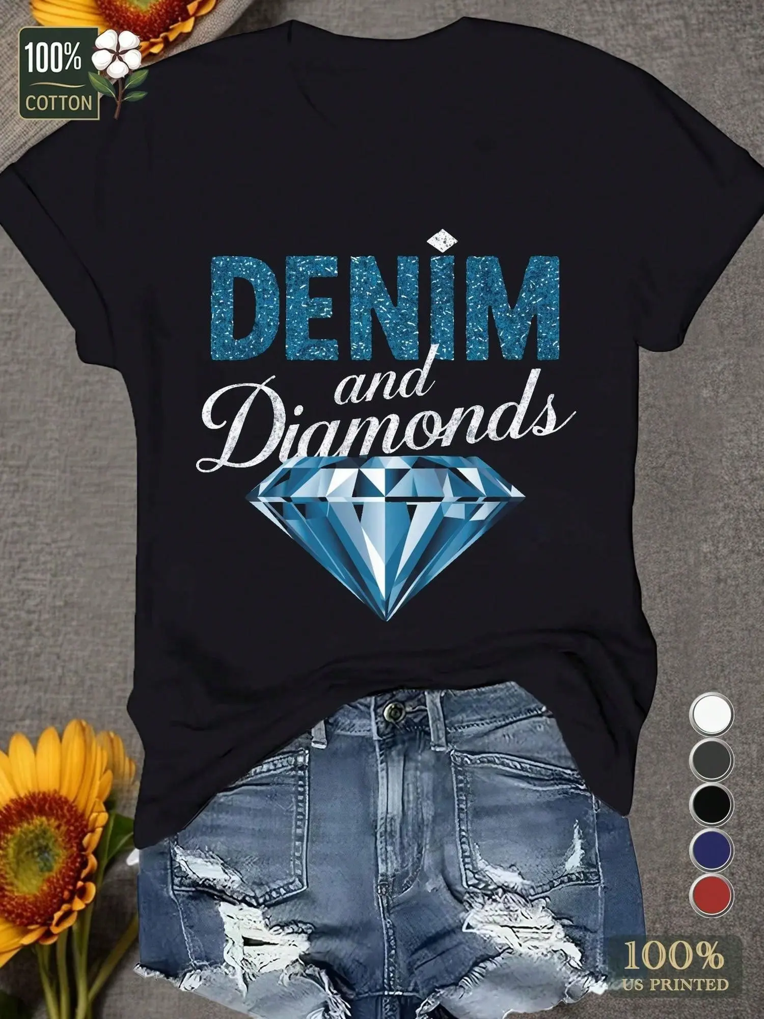 Women's Denim & Diamonds Graphic T-Shirt - 100% Cotton Soft Comfort Fit Short Sleeve, Casual Round Neck Tee With Sparkling Blue Lettering & Diamond Design, Machine Washable All-Season Top, Ladies T Shirts, Versatile Clothing, Appeal, Breathable Fabric, Mi