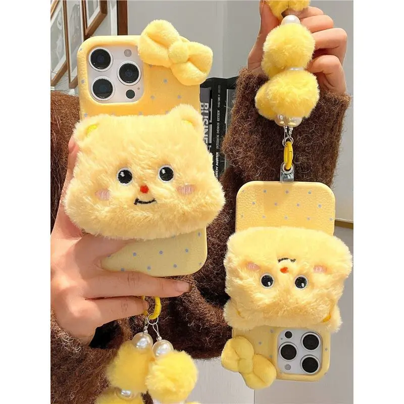 Butter Bear Apple 17ProMax Phone Case iPhone16Pro New 15 Women's 12 Soft Case 14 with Wrist Strap XR Leather