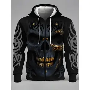 Men’s fashionable casual novelty 3D skull print zip-pocket hoodie