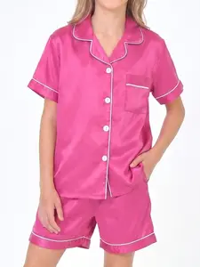 Kids Satin Pajama Set, Short Sleeve Button Down 2 Piece PJs, Soft Summer Sleepwear Loungewear for Boys Girls