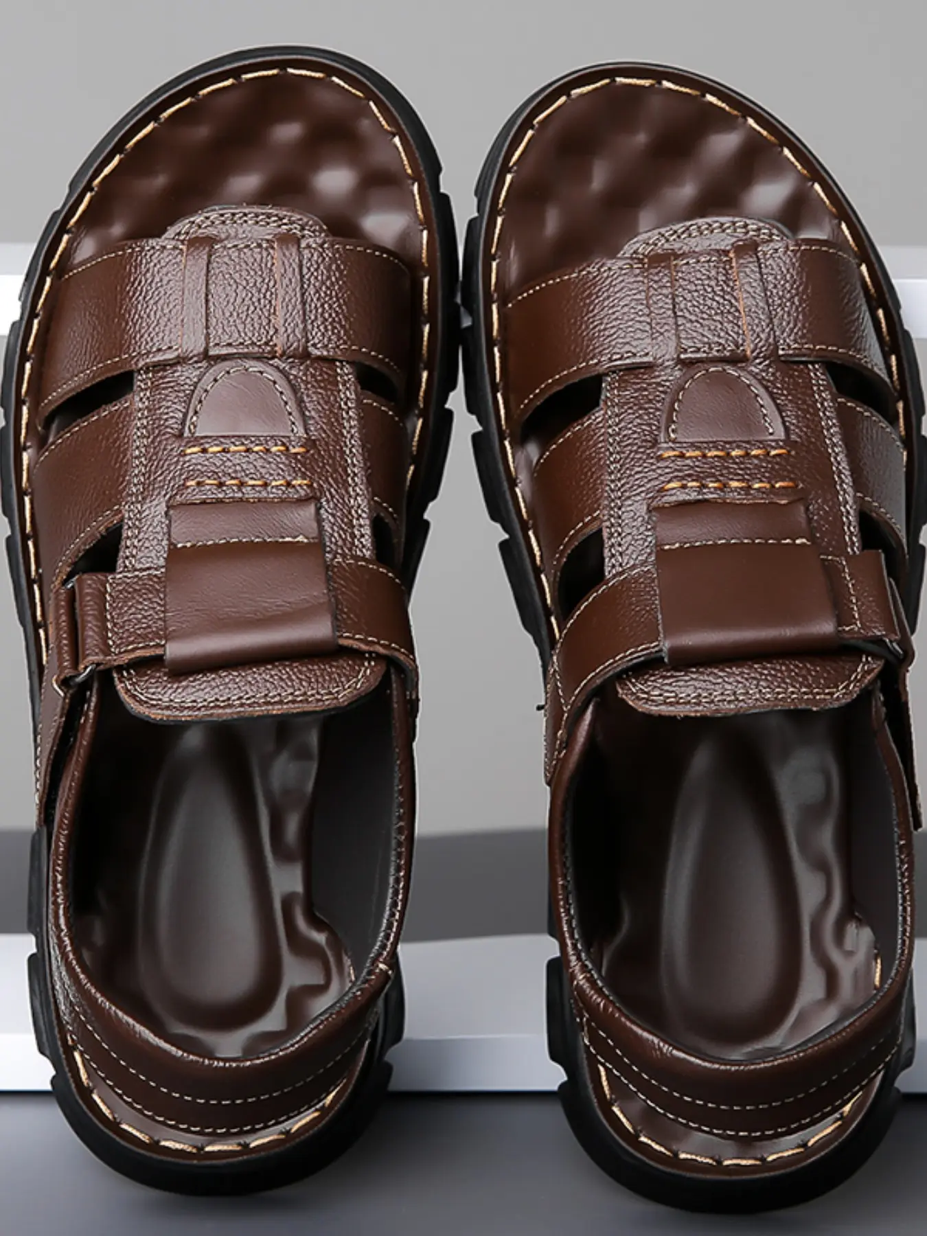Men's Summer Retro PU Leather Sandals with Velcro Closure, Breathable Hollow Out Design, Comfy Durable Outdoor Casual Beach Shoes, Stylish Summer Travel Footwear