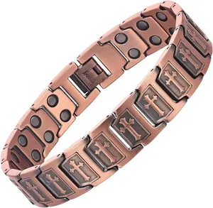 Copper Magnetic Bracelet for Men Cross Design 3X Strength 3500 Gauss Therapy Magnets  Adjustable Link Style Energy Health Jewelry  Gift for Men (Sizing Tool)
