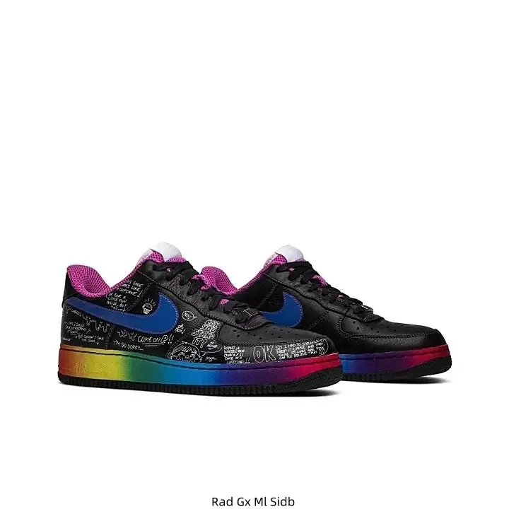 Low Top Black Printed Leather Sneakers Blue Swoosh Pink Inner Lining Rainbow Gradient Outsole Classic Skate Walking Shoes For Men Women