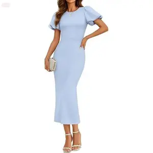 YehGoods 2026 Ocean Style Lady's Short Sleeve Formal Gown - Chic Soft Stretch Knit, Skin-Friendly, Comfy, Free Movement, Check Fabric Women's Midi Dress for Wedding Guest, Formal Wear Workwear