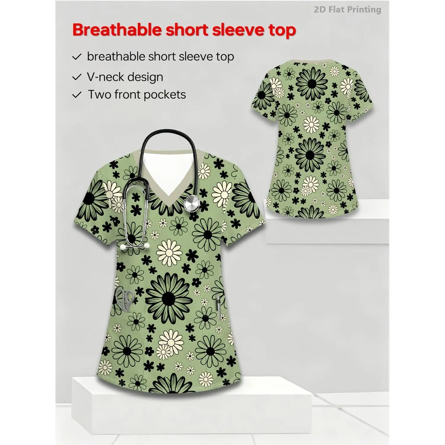 Breathable V-Neck Women's Top: Caregiver Uniform with Pocket, Black & White Floral on Soft Green