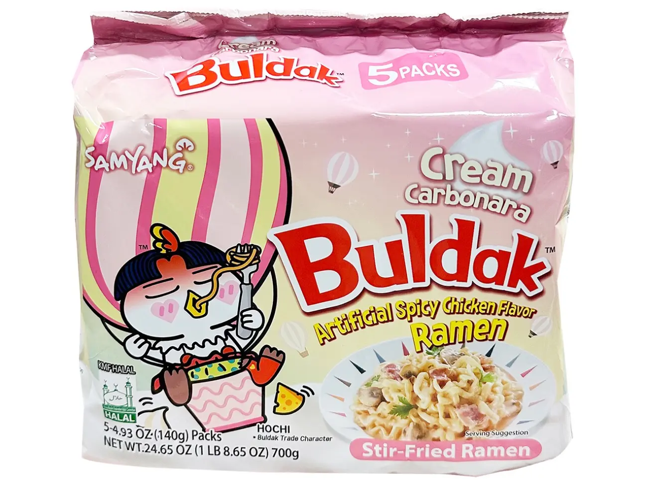 Samyang Buldak Hot Spicy Chicken Flavor Ramen Noodles - Korean Stir-Fried Ambient Instant Cream Carbonara Noodles, 5 Packs (4.93oz) Room-Temp Pantry Food Package (1 Bag), Buldak Ramen Noodles, Five Packs