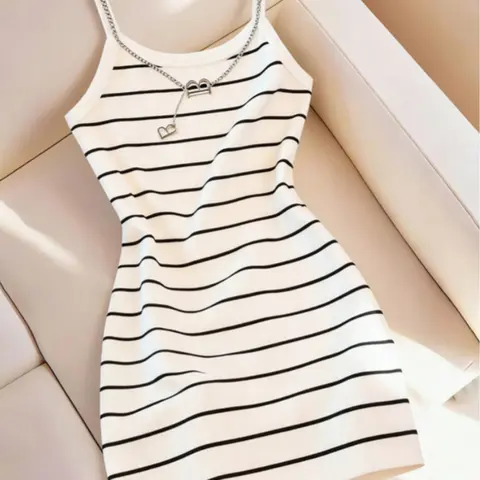 Summer hot girl style striped slip bodycon dress, Casual Classy Elegant dress, Sleeveless, Spaghetti Strap, figure-flattering knitted tight short skirt, pure and seductive style dress, suitable for daily commuting, dating, gatherings, short trips