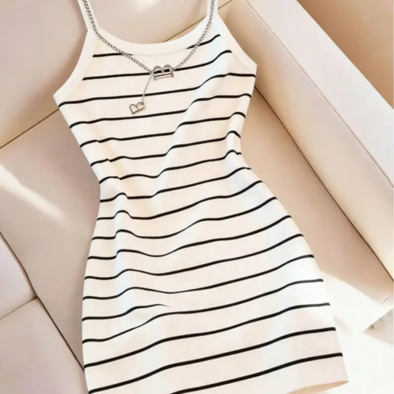Summer hot girl style striped slip bodycon dress, Casual Classy Elegant dress, Sleeveless, Spaghetti Strap, figure-flattering knitted tight short skirt, pure and seductive style dress, suitable for daily commuting, dating, gatherings, short trips