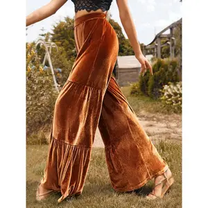 Women's Green Wide-Leg Trousers - High-Waisted Winter Pants with Ruffled Hem, Deep Green Trousers for Fall/Winter, Machine Washable Elegant Stretch Fabric (No Dry Clean) - Casual to Formal Outfits (Office, Party) - Trousers for