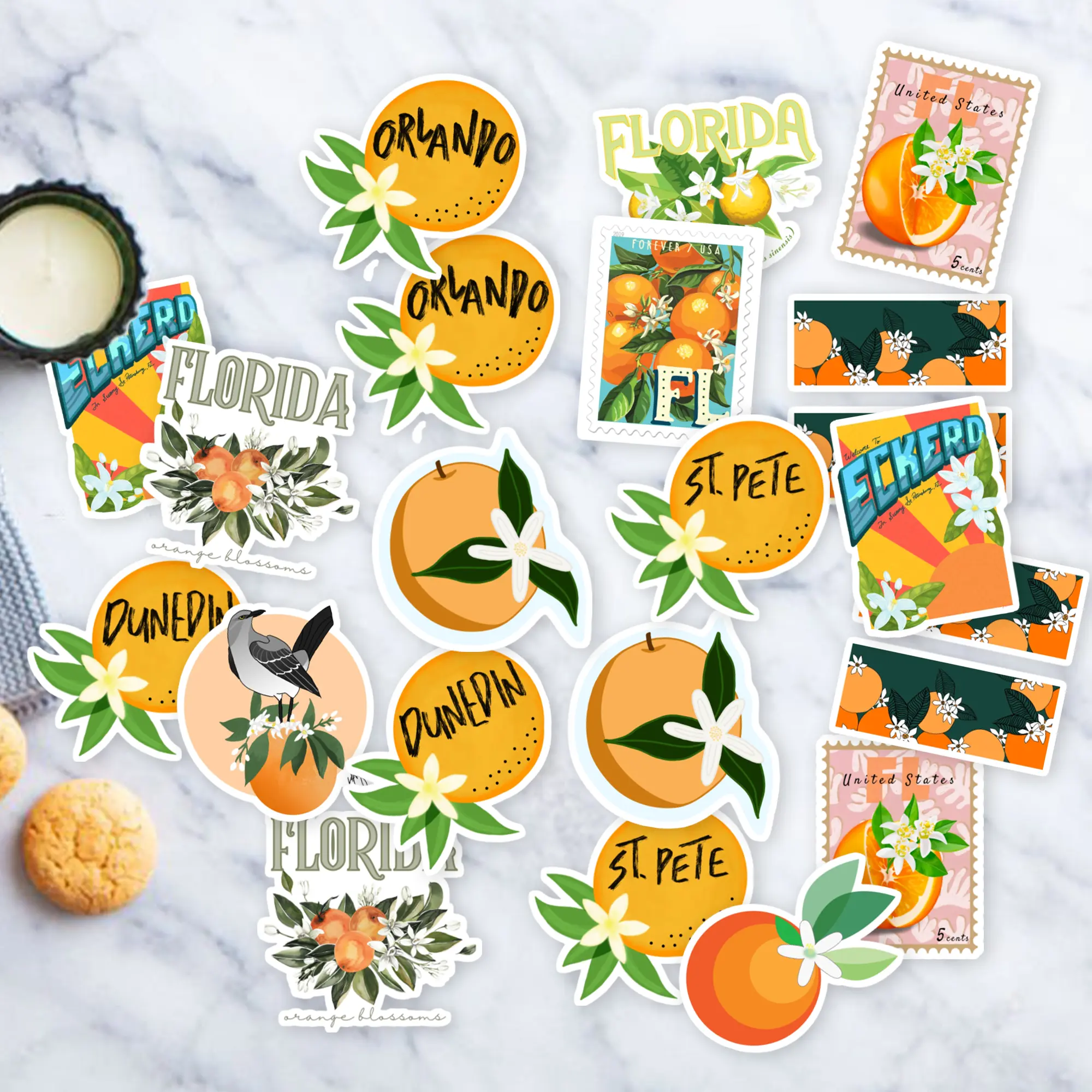 Stickers Pack 20 Pcs Florida Water Bumper Vinyl Laptop Skateboard Orange Car Colorful Blossom Aesthetic Guitar Luggage Bike Waterproof Bottle
