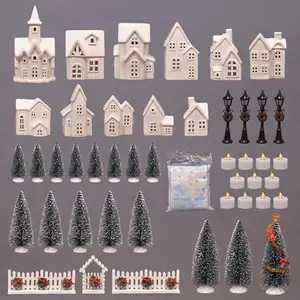 46-Piece Holiday LED Village Set, Porcelain Winter Wonderland with Trees, Fence & Tea Lights