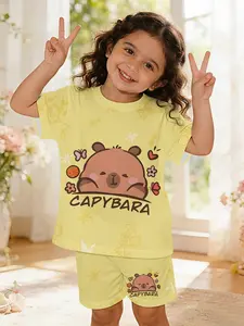 Capybara Little Lazy Cute Baby Girl's Set Digital Printing 100% Polyester Baby Short-sleeve Set, Newborn Gift Set, lovely baby girl's casual clothing, suitable for daily and outdoor sports T-shirts, a perfect gift for babies and toddlers