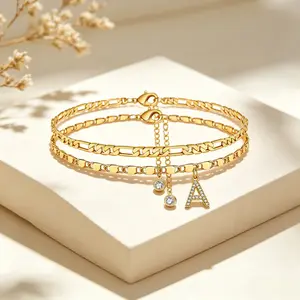 Layered Ankle Bracelets for Women Letter Initial A-Z Pendant 2-Piece Anklet Set Hypoallergenic Waterproof Non Tarnish Adjustable with Extender Personalized Gifts for Girlfriend Bestie