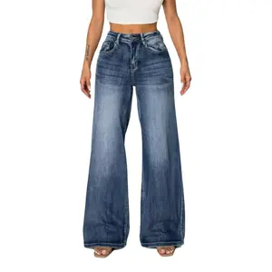 【Plus Size】CANANA Women's 90s Retro High-Waisted Stretch Wide Leg Denim Jeans, Minimalist with Zipper & Button Closure Comfortable Everyday Trousers for Office & Streetwear SH25F12