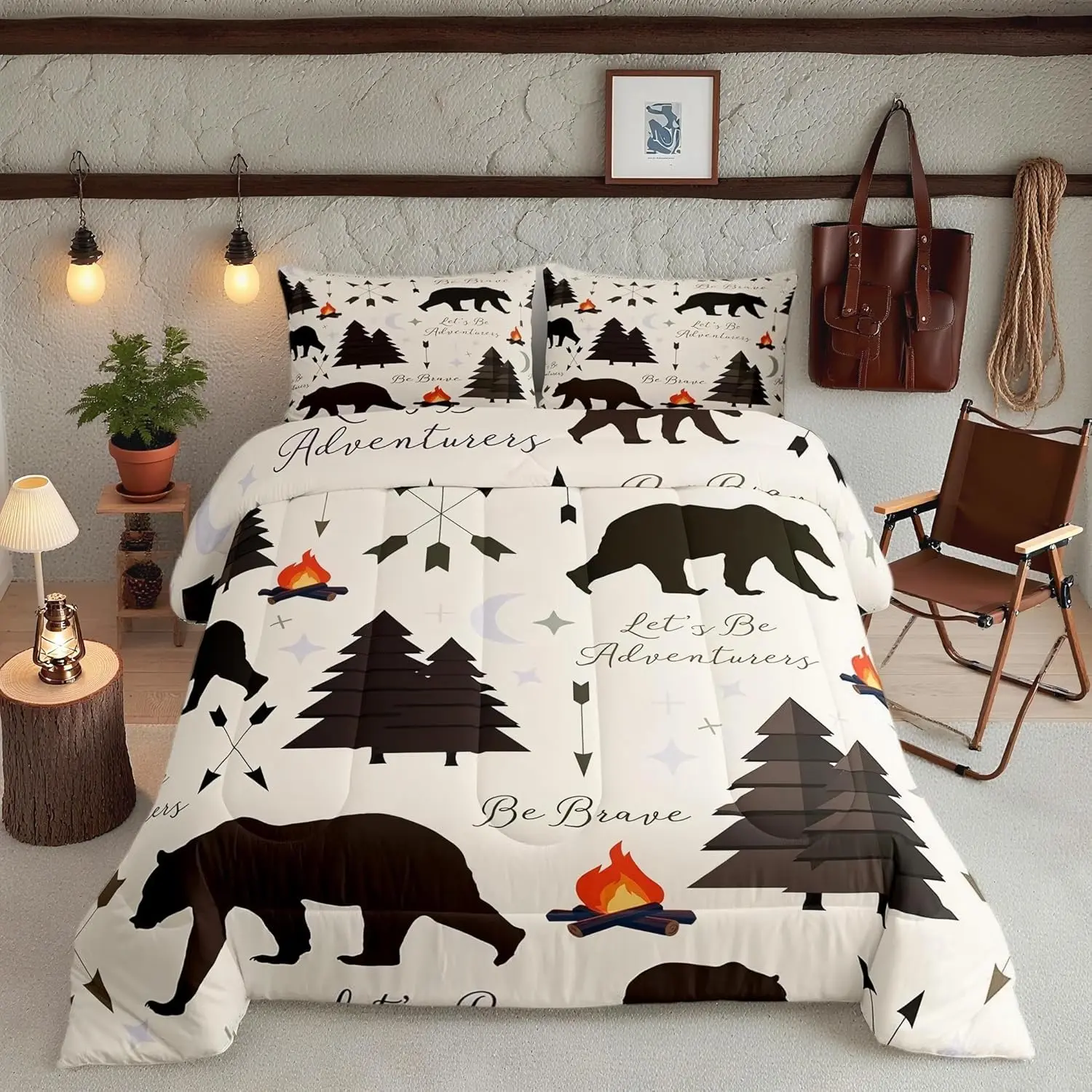 Happy Camping Comforter Set,Hunt Bear Pine Trees Bedding Set Cabin Room Decor,Cartoon Campfire Arrow Stars Moon Quilt Set Adventure Duvet Insert Brown